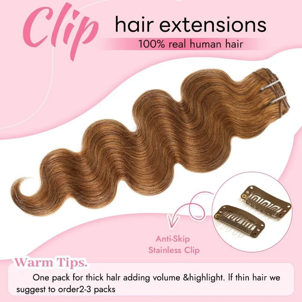 Clip in Hair Extensions Real Human Hair Body Wave 22 Inches Auburn Ginger